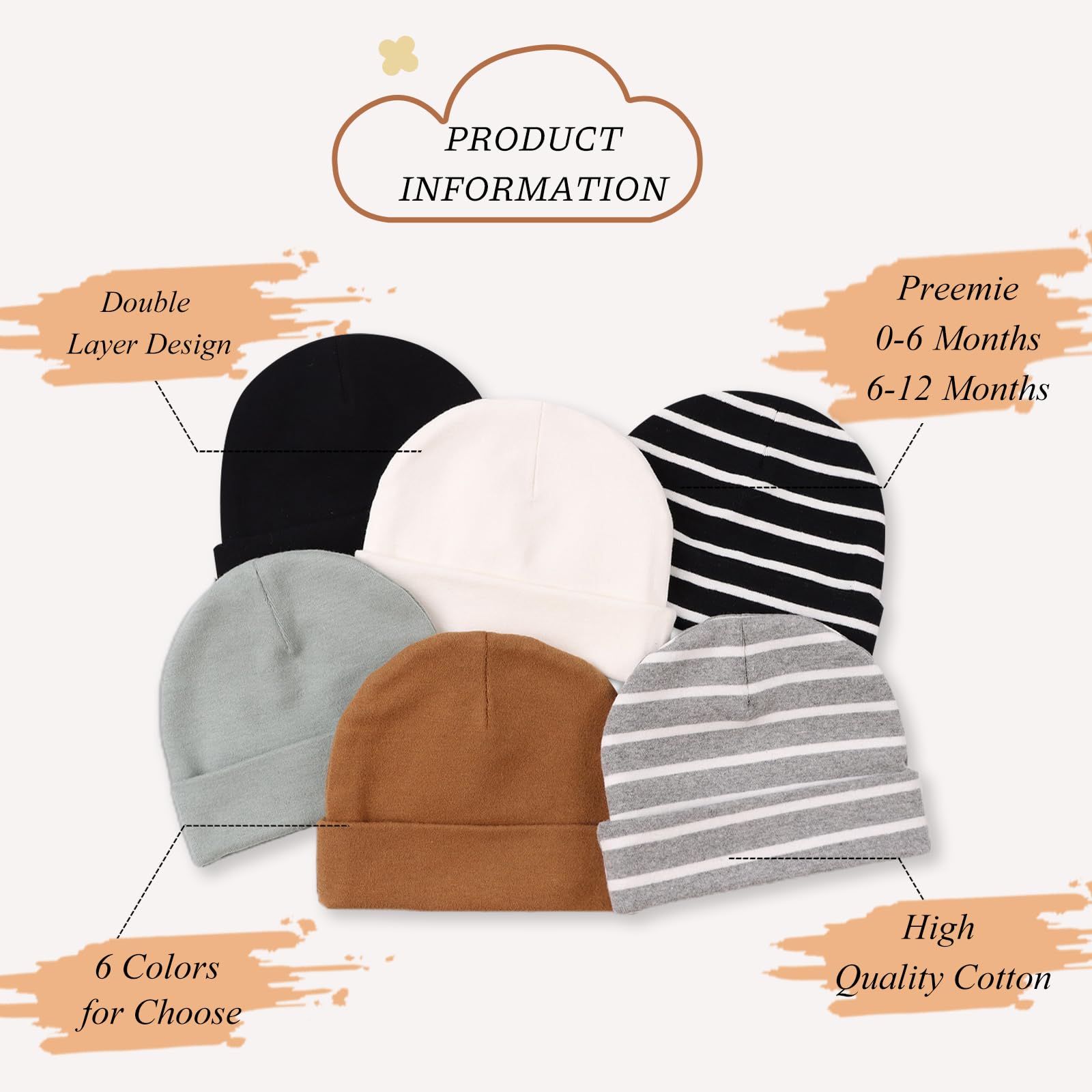 Bamery Cotton Baby Girl Hat Preemie Boys Beanie Newborn Hospital Hats Winter Infant Hats for Girls (6PACK-A, 6-12 Months)