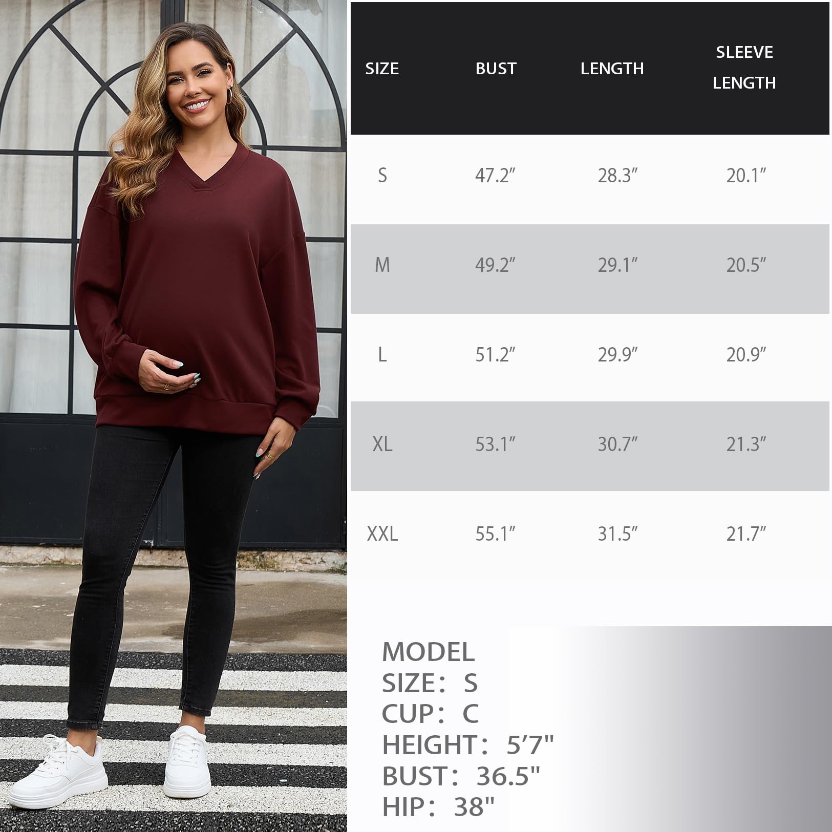 GINKANA Maternity Sweatshirts Basic Long Sleeve Shirts Soft Pregnancy Workout Tunic Pullover Top with Pockets,Burgundy,L