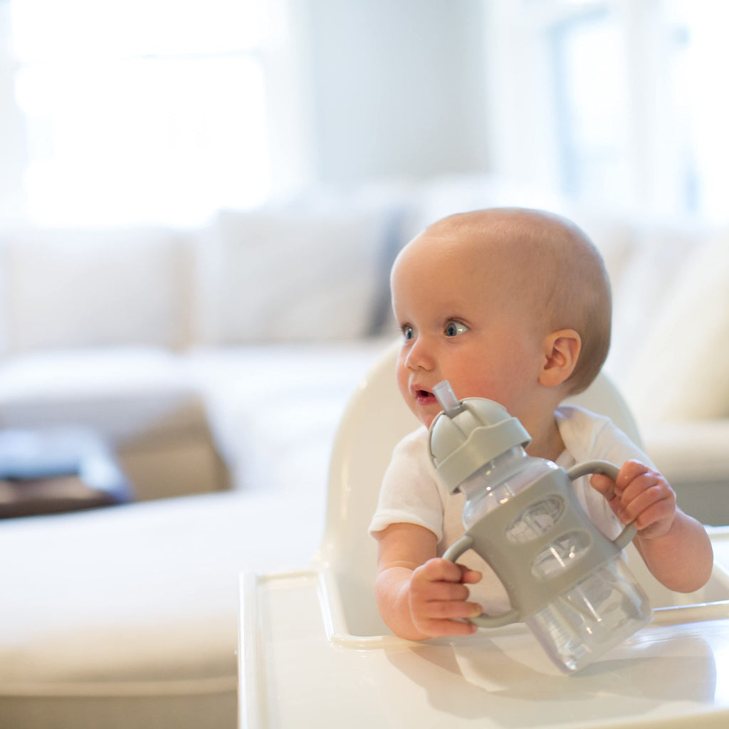 Dr. Brown's Milestones Wide-Neck Sippy Straw Bottle with 100% Silicone Handles and Weighted Straw, 9 oz/270 mL, Gray & Blue, 6m+