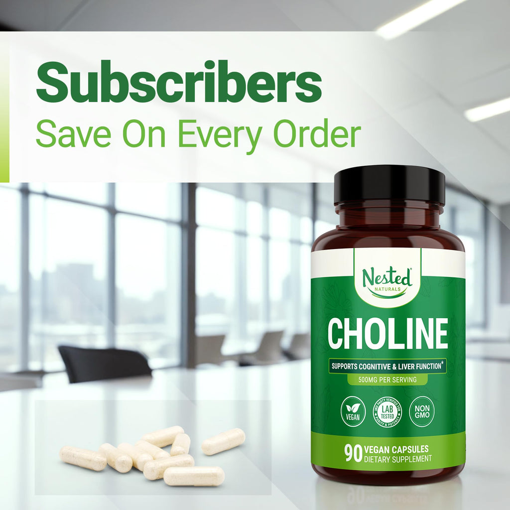 Nested Naturals Choline Bitartrate 500mg Per Serving - High Potency Choline Supplements - Supports Prenatal Maternal & Fetal Health During Pregnancy* - 100% Vegan & Non-GMO - 2-Pack (180 Capsules)