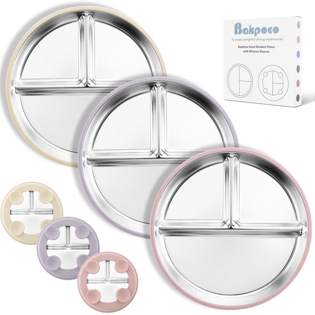 Bakpoco Stainless Steel Suction Plates for Toddlers, 9" Divided Kids Baby Plates with Removable Silicone Suction, Non Toxic Non Slip Portion Control Snack Dishes 3 Packs, Pink Beige Lilac