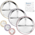 Bakpoco Stainless Steel Suction Plates for Toddlers, 9" Divided Kids Baby Plates with Removable Silicone Suction, Non Toxic Non Slip Portion Control Snack Dishes 3 Packs, Pink Beige Lilac