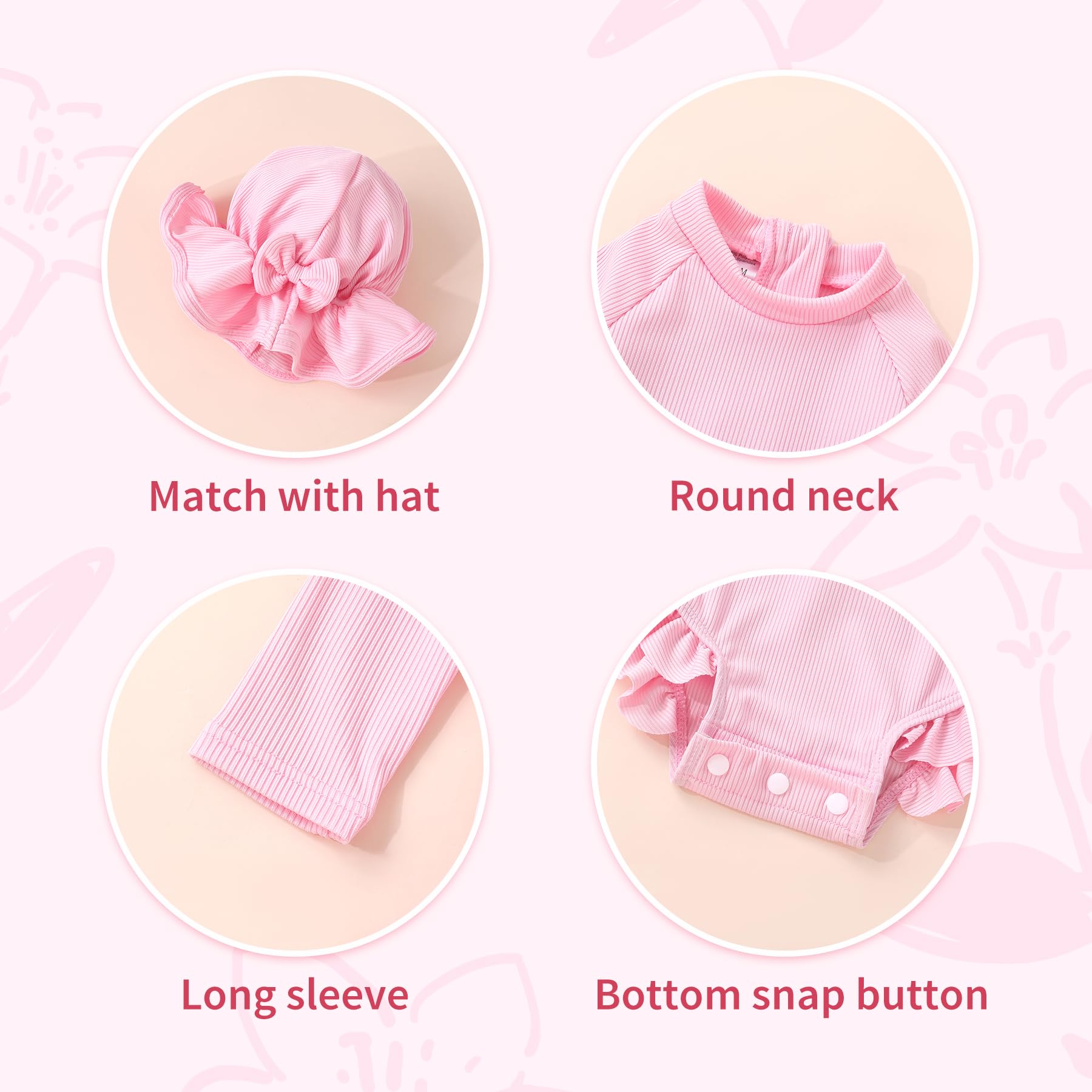 YOUNGER TREE Infant Baby Girls Swimsuit Long Sleeve One Piece Swimsuit Solid Color Bathing Suit with Hat, UPF 50+ (Pink, 18-24 Months)