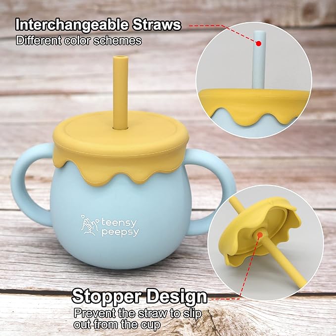 Honey Jar Pot 3-in-1 Silicone Training Cup 8.5oz, Baby Sippy Cup with Straw & Snack Cup for 6 months+ Straw Cup for Baby Boy Gift, Open Cup Toddler Smoothie Drinkware (Honey Jar Blue)