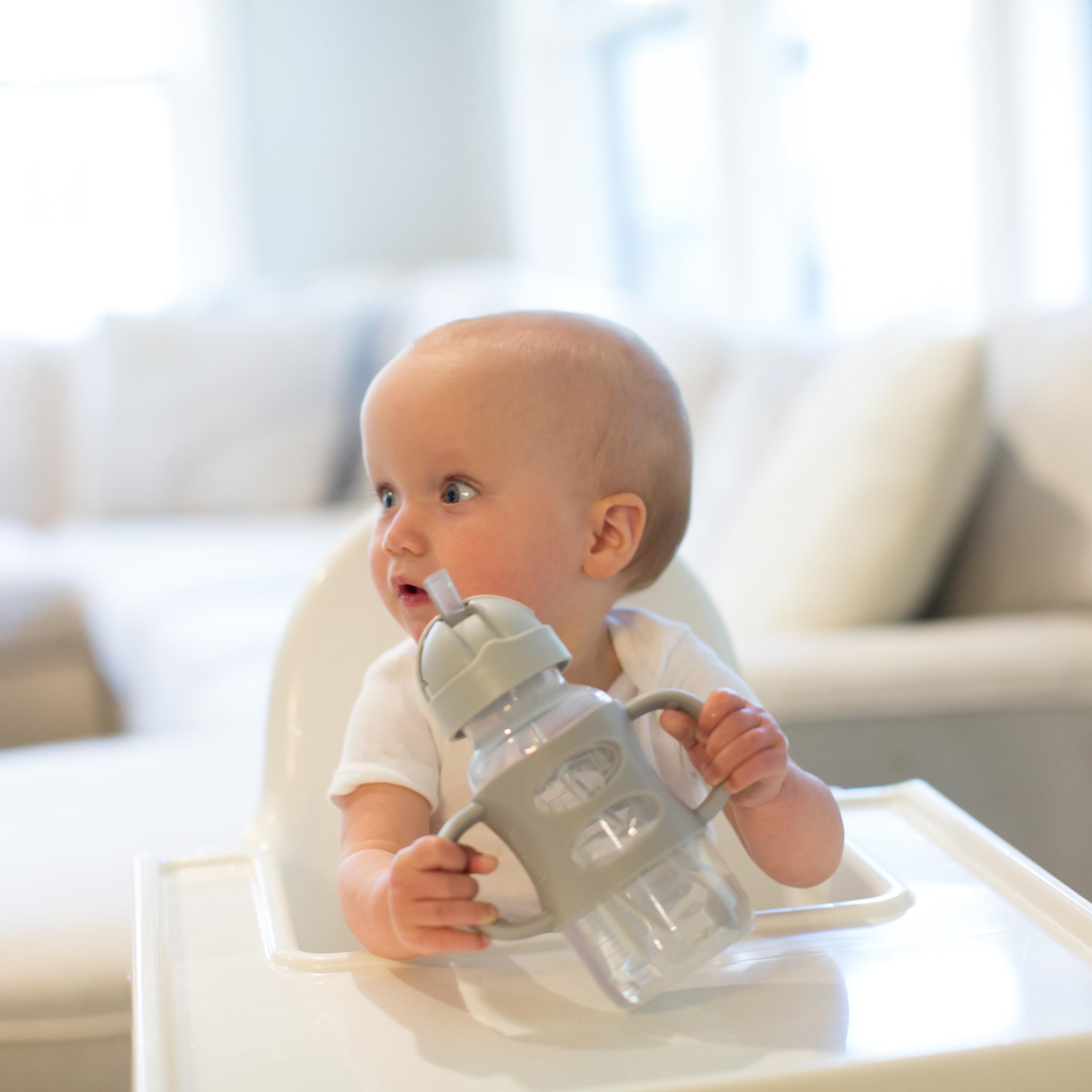 Dr. Brown's Milestones Wide-Neck Sippy Straw Bottle with 100% Silicone Handles and Weighted Straw, 9 oz/270 mL, Gray, 6m+