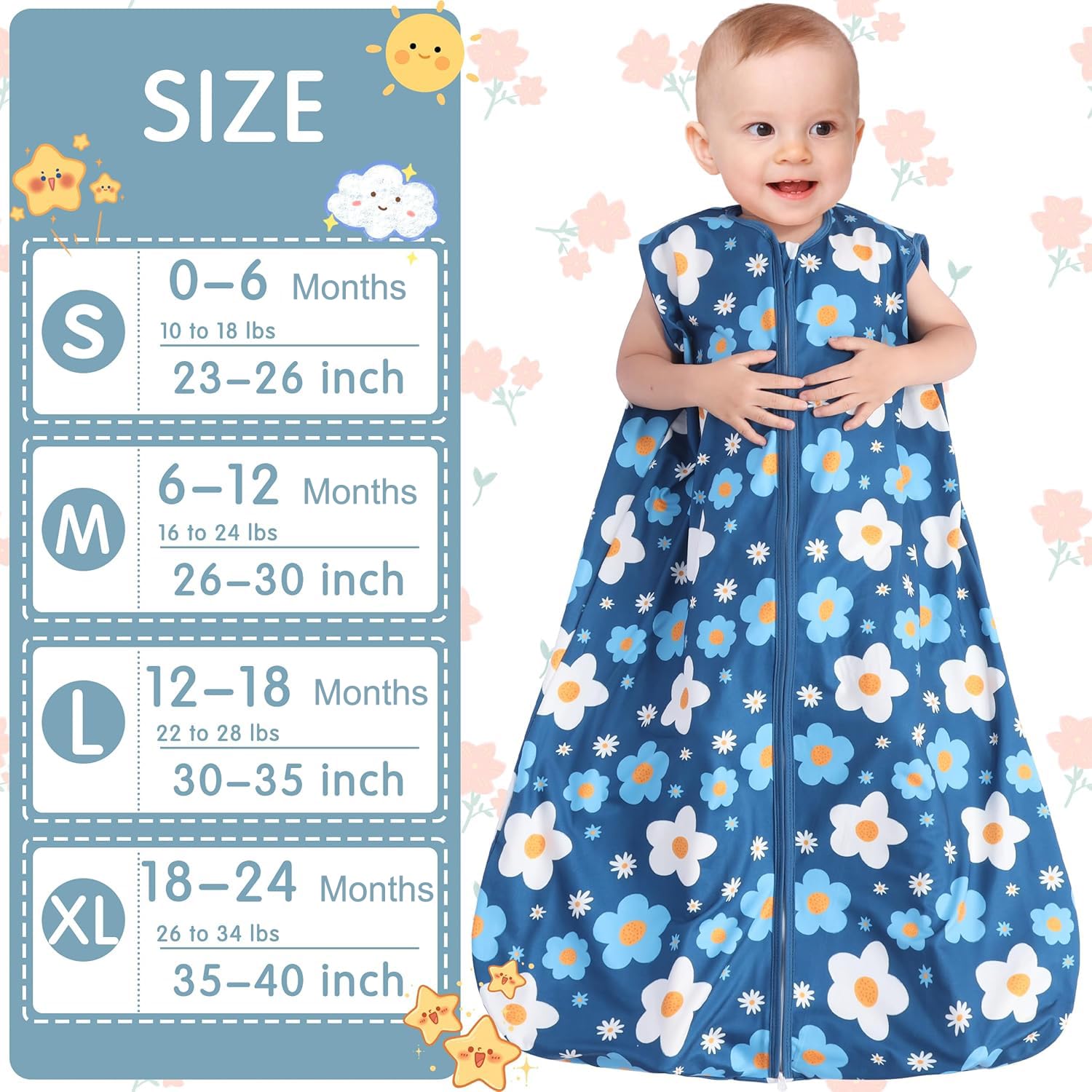 BSTOPPT 3 Pack Baby Sleep Sack 100% Rayon Cotton Baby Sleeping Bag 2-Way Zipper Toddler Wearable Blankets TOG 0.3. (Gerbera&Tulips&Pink, 0-6 Months)