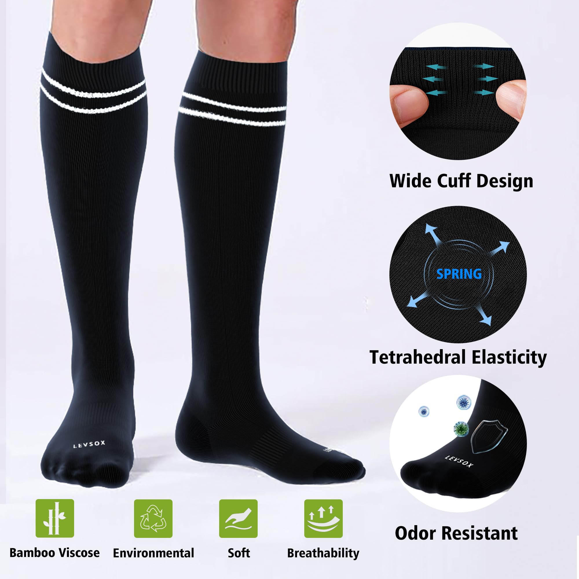 LEVSOX Viscose Made from Bamboo Compression Socks for Pregnant Women 20-30 mmHg Knee High Cute Funny Mens Supports Socks for Nurses, Medical, Travel and Flight, Black