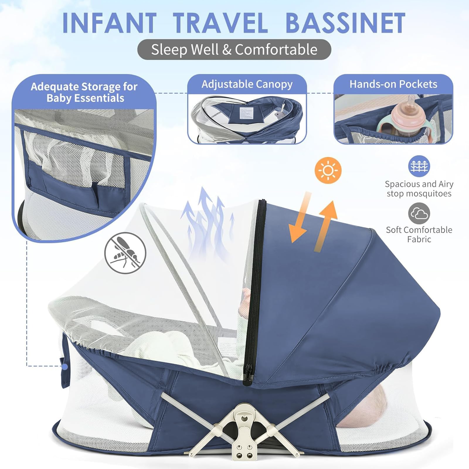 ISELECTOR Portable Baby Bassinet Travel Baby Bed, Baby Cribs Travel Pod for Outdoors Baby Lounger Infant Travel Bed with Mosquito Net and Sunshade Canopy, Lightweight Washable