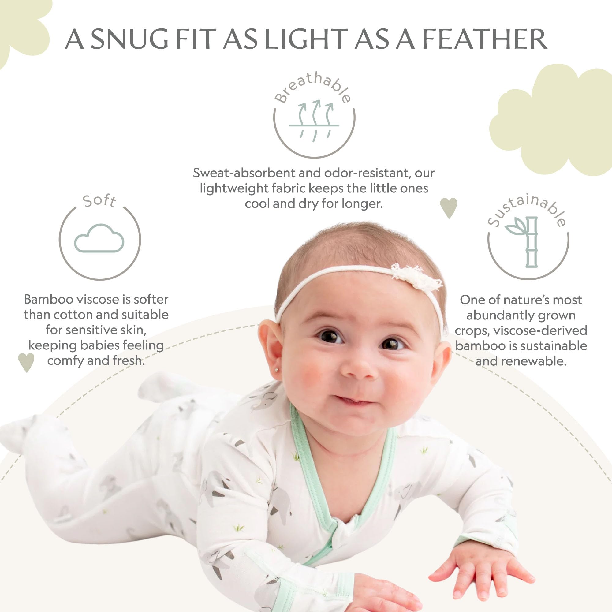 Bamboo Little Soft Baby Footie Pajamas, Baby Clothes, Newborn Sleepers, 95% Viscose and 5% Spandex, Elephant, 3-6 Months