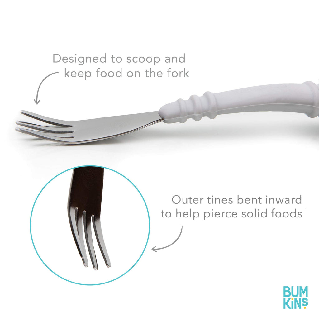 Bumkins Toddler Utensils, Kids Size Fork and Spoon Set, Silicone and Stainless-Steel Training Silverware, Angled Forks / Sporks for Self-Feeding, Children Hold Learning to Eat, 18 Months Up, Lavender
