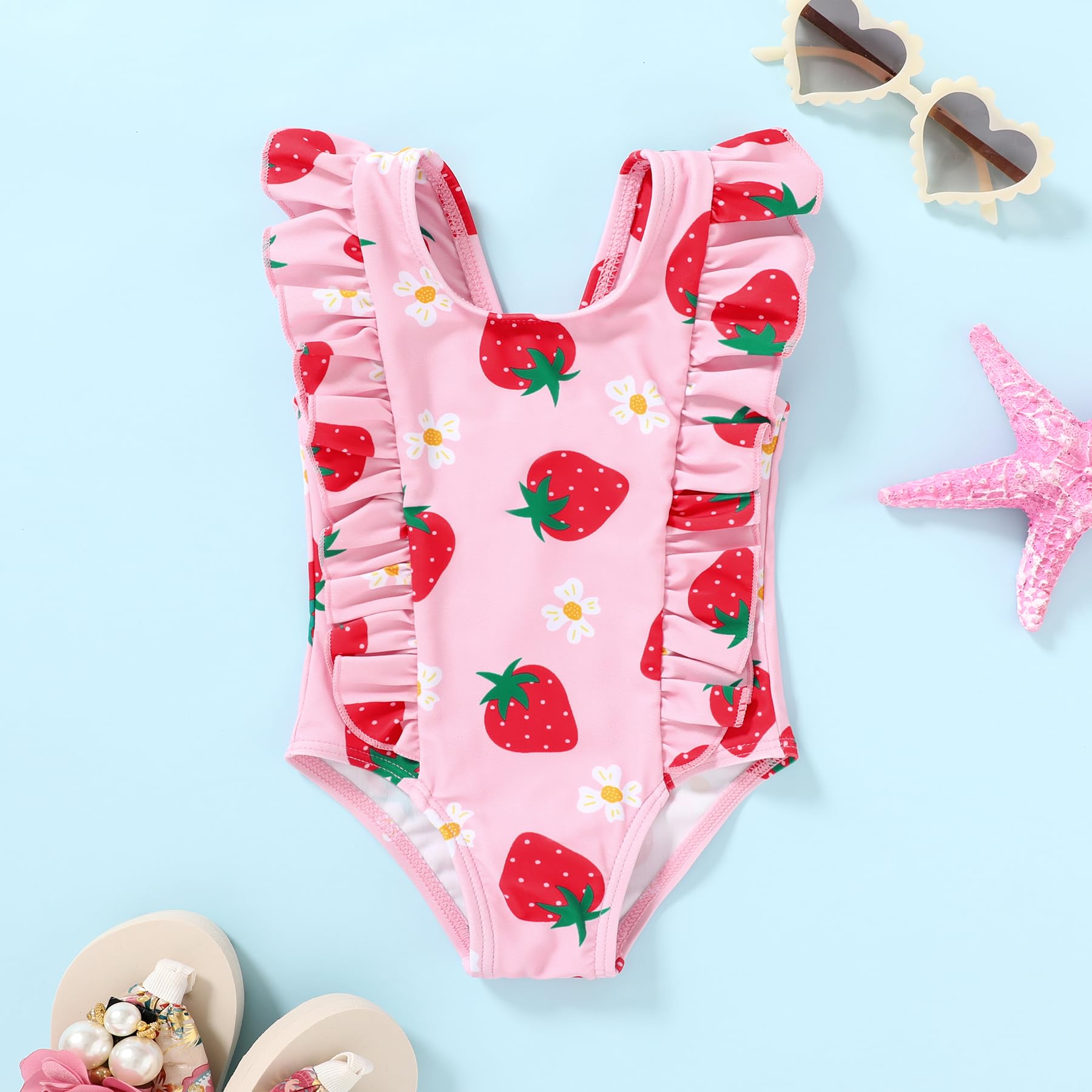 Happy Town One-Piece Infant Toddler Baby Girl Summer Swimsuit Watermelon Leopard Ruffle Swimwear Bikini Bathing Suit (Strawberry, 3-4 Years)