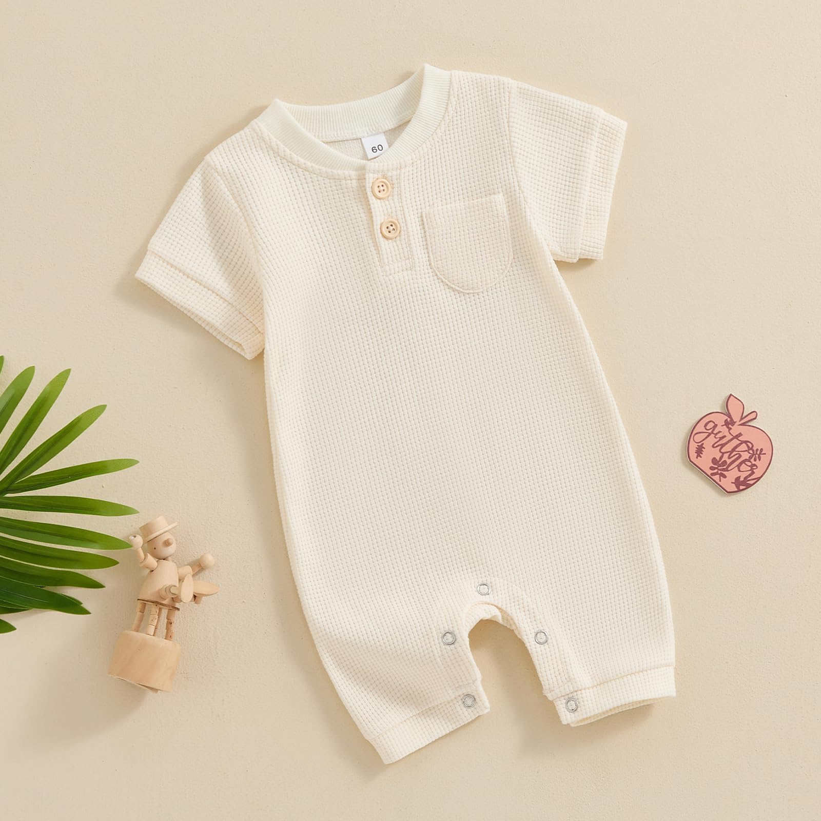 Kuriozud Newborn Baby Boy Girl Clothes Button Solid Short Sleeve Romper Jumpsuit Basic One Piece Outfits Baby Neutral Clothing Waffle Short Sleeve Apricot, 0-3 Months