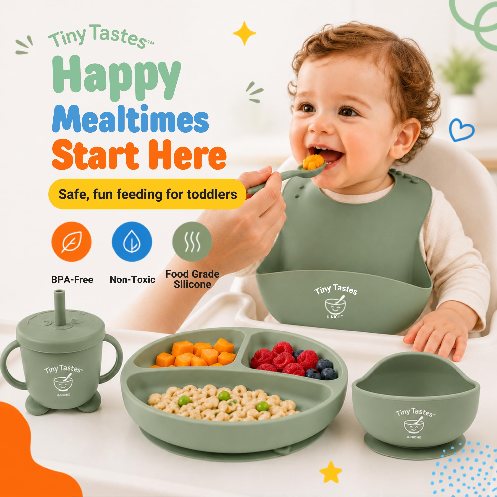 Tiny Tastes 10-Piece Silicone Baby Feeding Set – Baby Led Weaning Supplies with Suction Plate & Bowl, Adjustable Bib, Snack Cup, Spoons & Fork, BPA-Free Baby Feeding Essentials for Toddlers