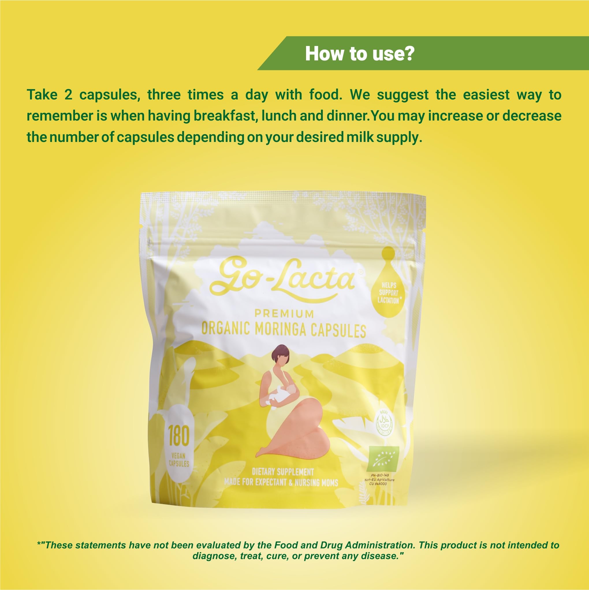 Go-Lacta 100% Organic Premium Moringa Capsules for Breastfeeding - Build Breast Milk Supply Before Birth - Healthy Breastfeeding for Mom and Baby - Increase Breast Milk Supply