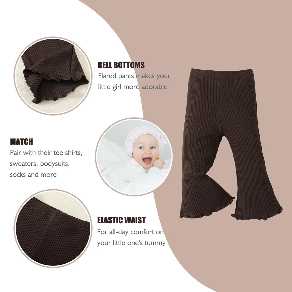 SOBOWO Toddler Girl Flare Pants 3 Pack Solid Ribbed Ruffle Bell Bottoms Pants Fall Outfits (Coffee/Rose/Gray, 18-24 Months)