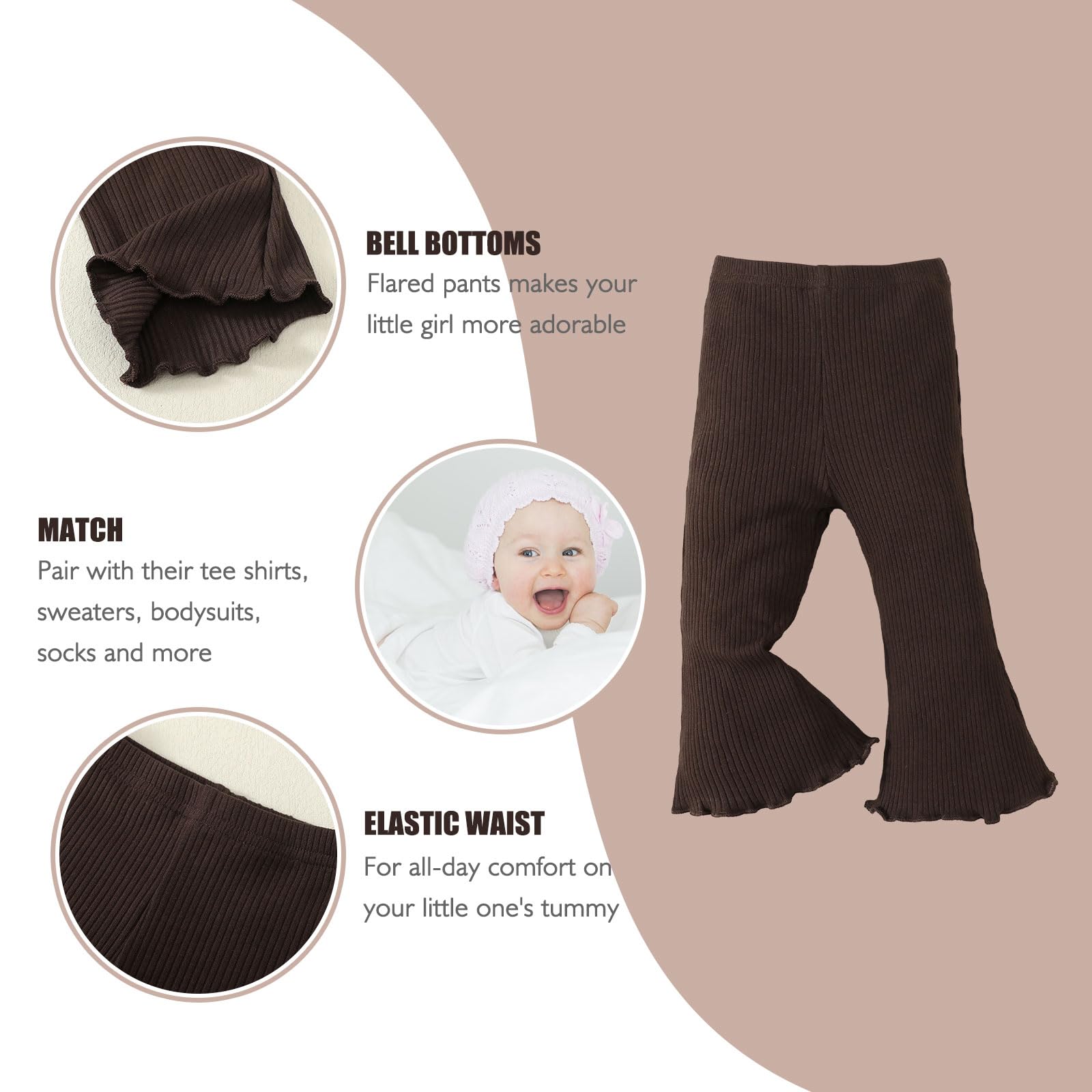 SOBOWO Toddler Girl Flare Pants 3 Pack Solid Ribbed Ruffle Bell Bottoms Pants Fall Outfits (Coffee/Rose/Gray, 18-24 Months)