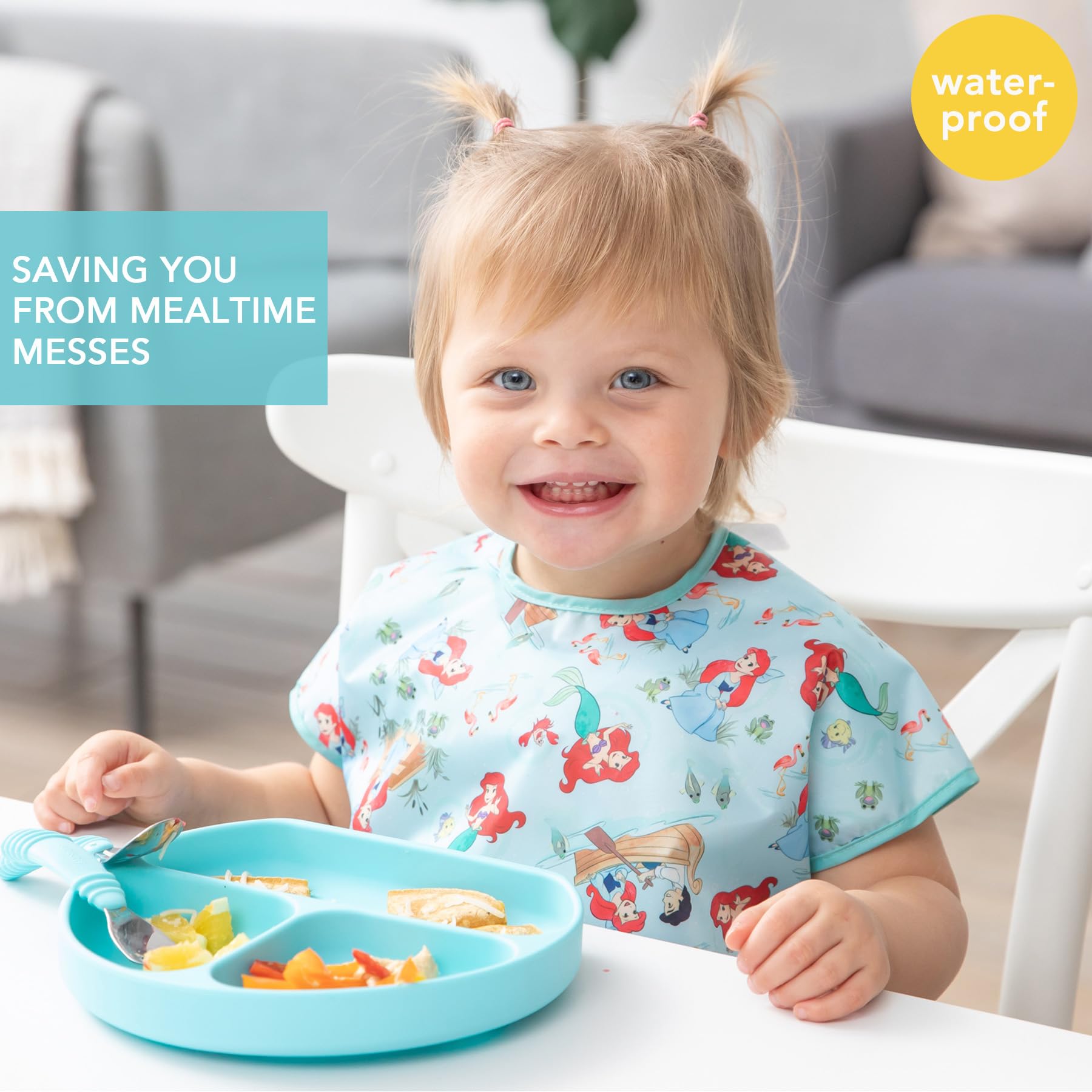 Bumkins Disney Short Sleeve Bib for Girl or Boy, Toddler and Kids for 1-3 Years, Large Size, Essential Must Have for Junior Children, Eating, Mess Saving Soft Fabric Apron for Play, Ariel