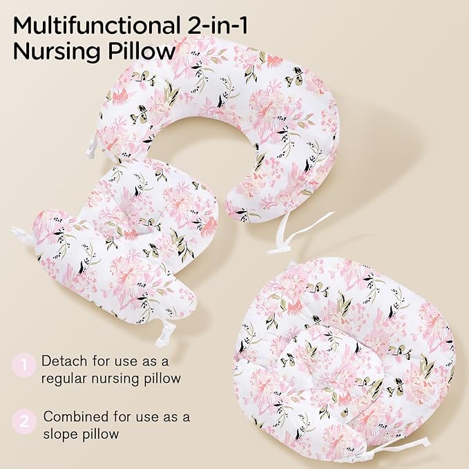 Little Grape Land Nursing Pillow, Multifunctional Breast Feeding Pillow with Arm Pillow, 3pk Baby Support Pillow with Adjustable Waist Strap and Removable Cover, Rose Floral