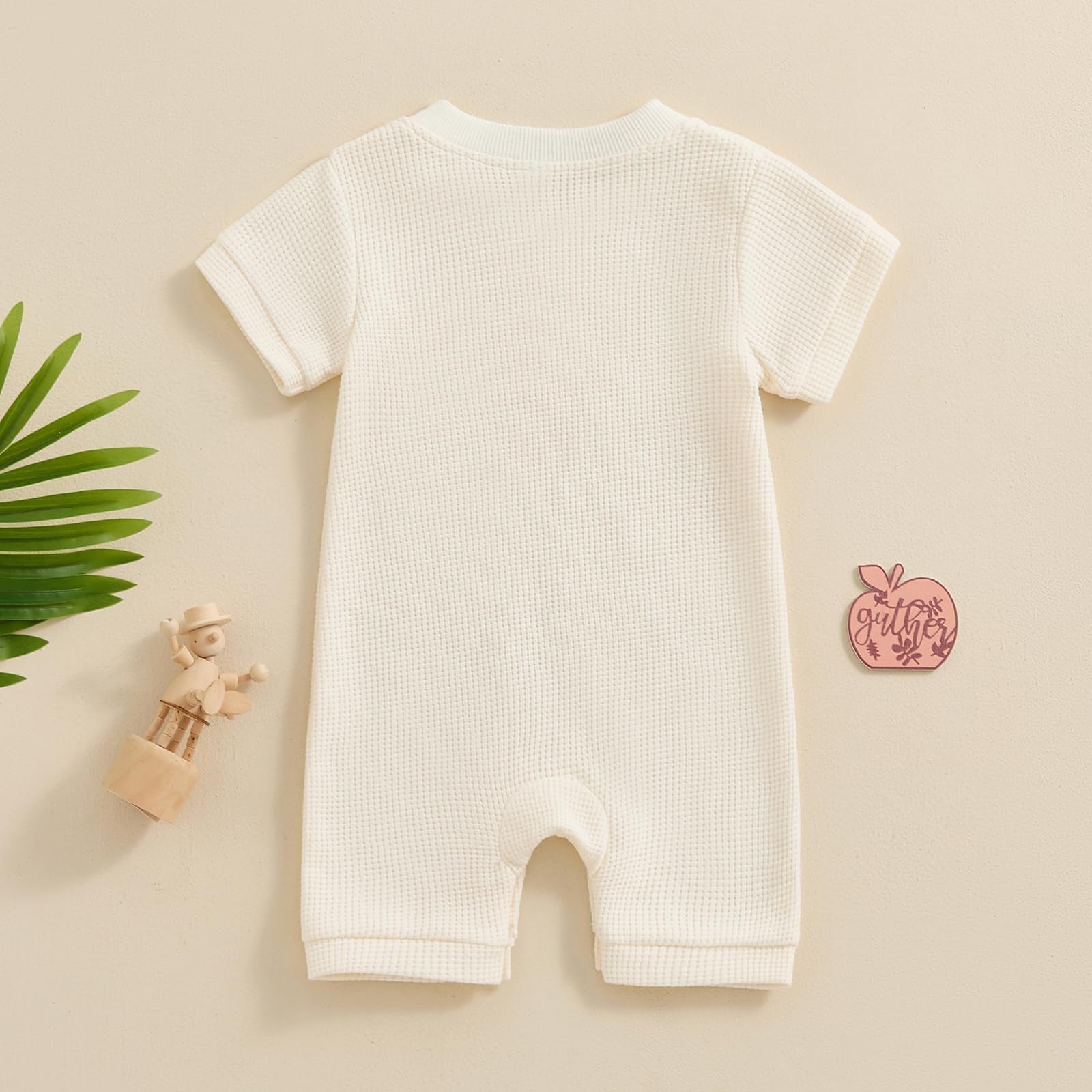 Kuriozud Newborn Baby Boy Girl Clothes Button Solid Short Sleeve Romper Jumpsuit Basic One Piece Outfits Baby Neutral Clothing Waffle Short Sleeve Apricot, 9-12 Months
