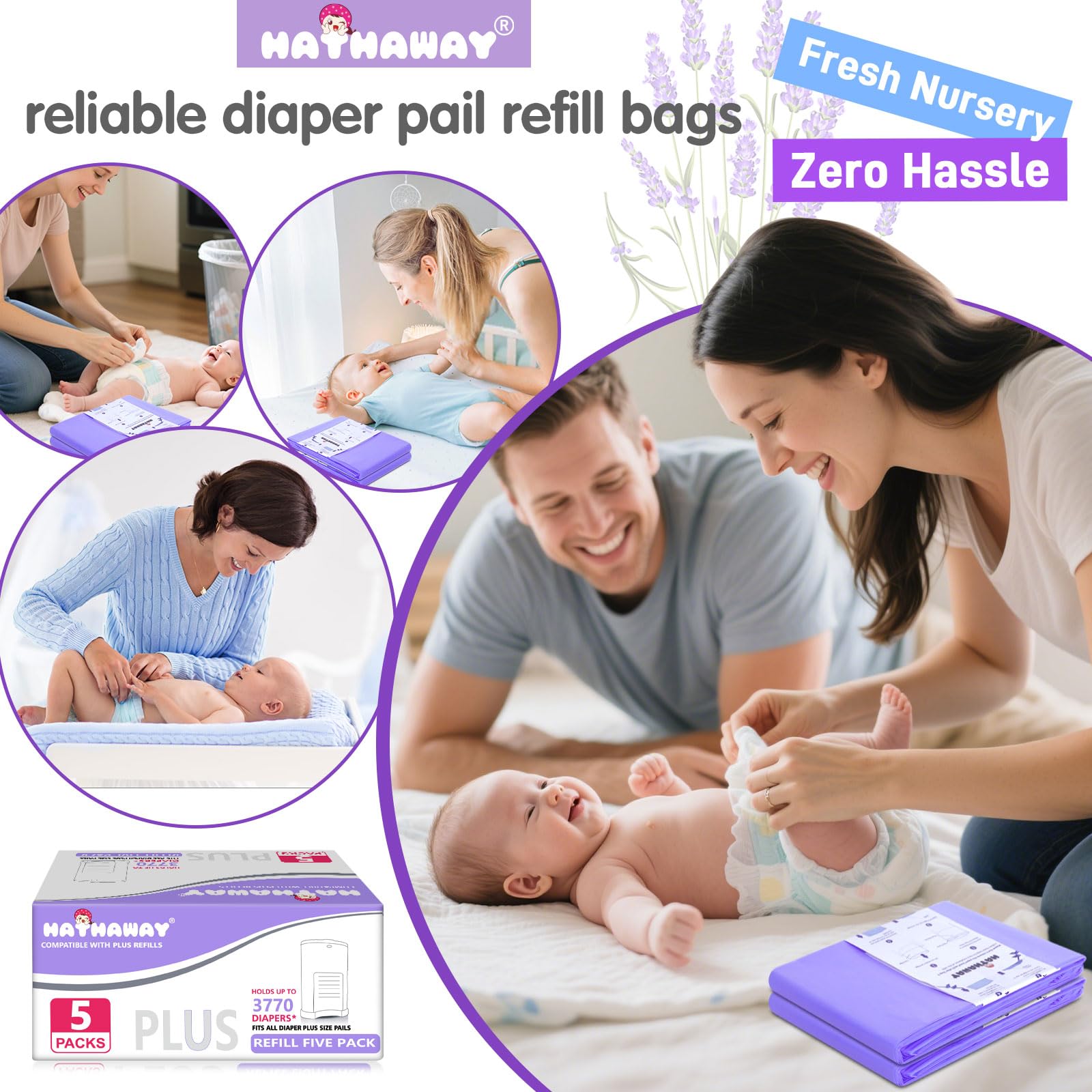 Diaper Pail Refill Bags Compatible With Dekor Plus Diaper Pail, Extra 30% Length, Lavender Scent, 5 Pack