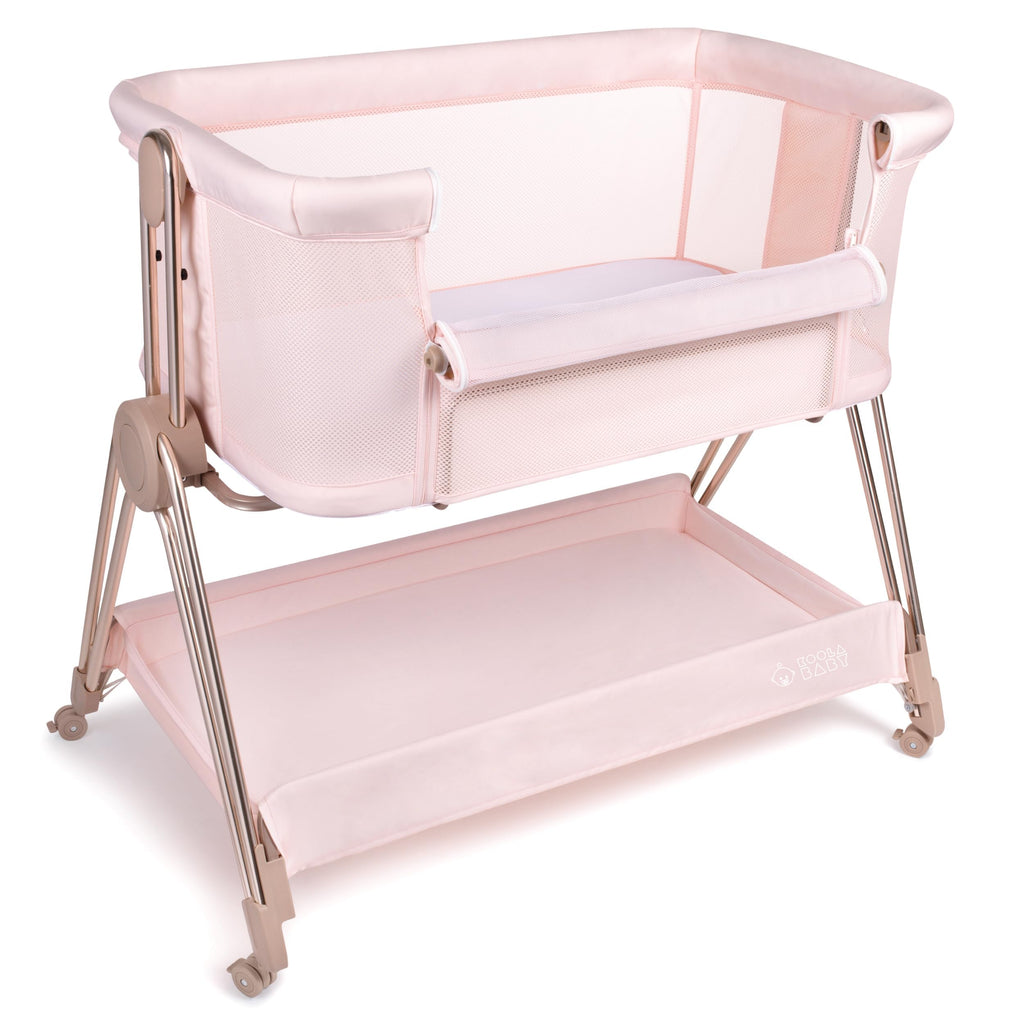 KOOLABABY Baby Bedside Sleeper - Bassinet & Bedside Crib with Height Adjustment & Wheels - Can Be Placed Next to Bed - Attaches to Parents Bed - Easy to Fold & Carry Bassinet for Girls (Pink)