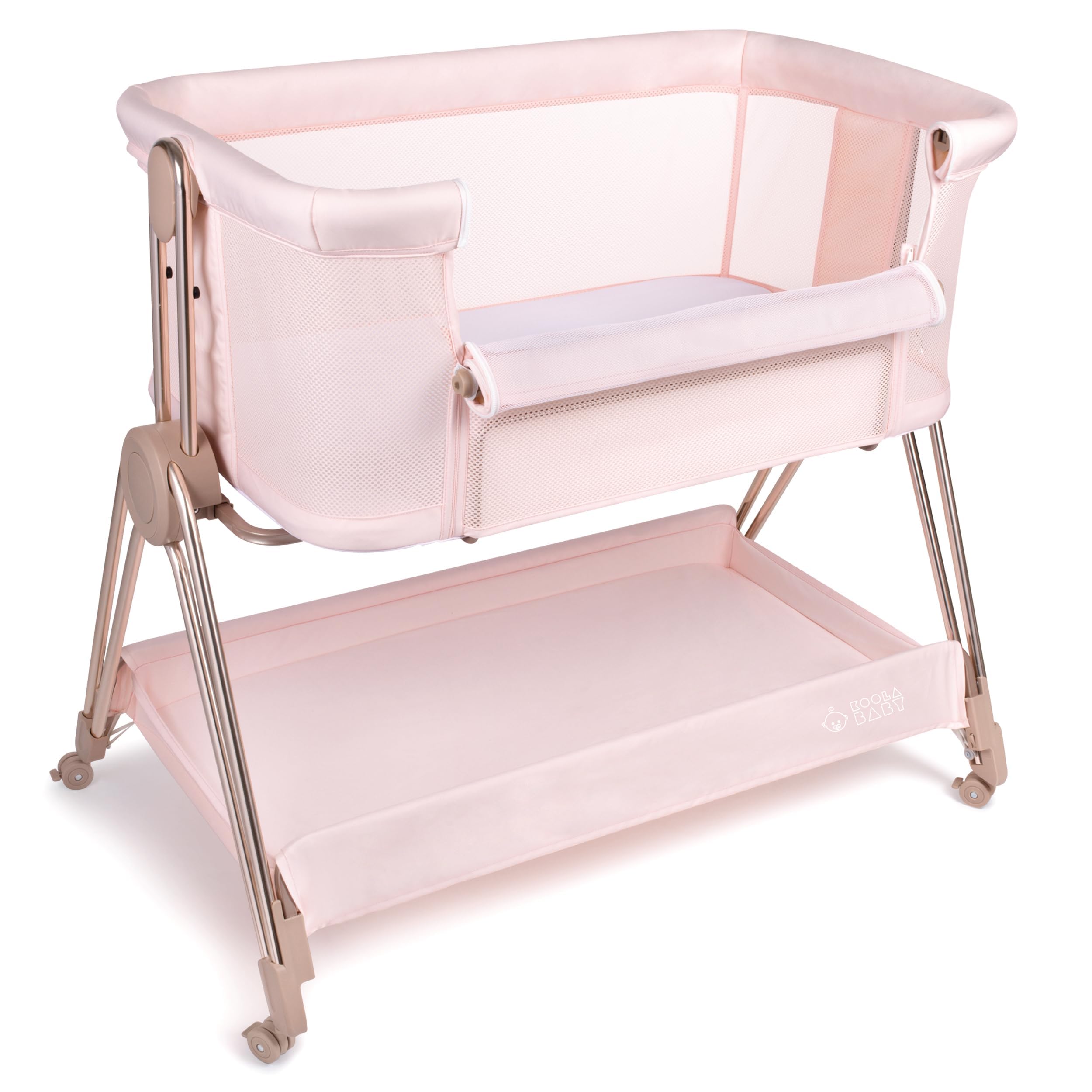 KOOLABABY Baby Bedside Sleeper - Bassinet & Bedside Crib with Height Adjustment & Wheels - Can Be Placed Next to Bed - Attaches to Parents Bed - Easy to Fold & Carry Bassinet for Girls (Pink)