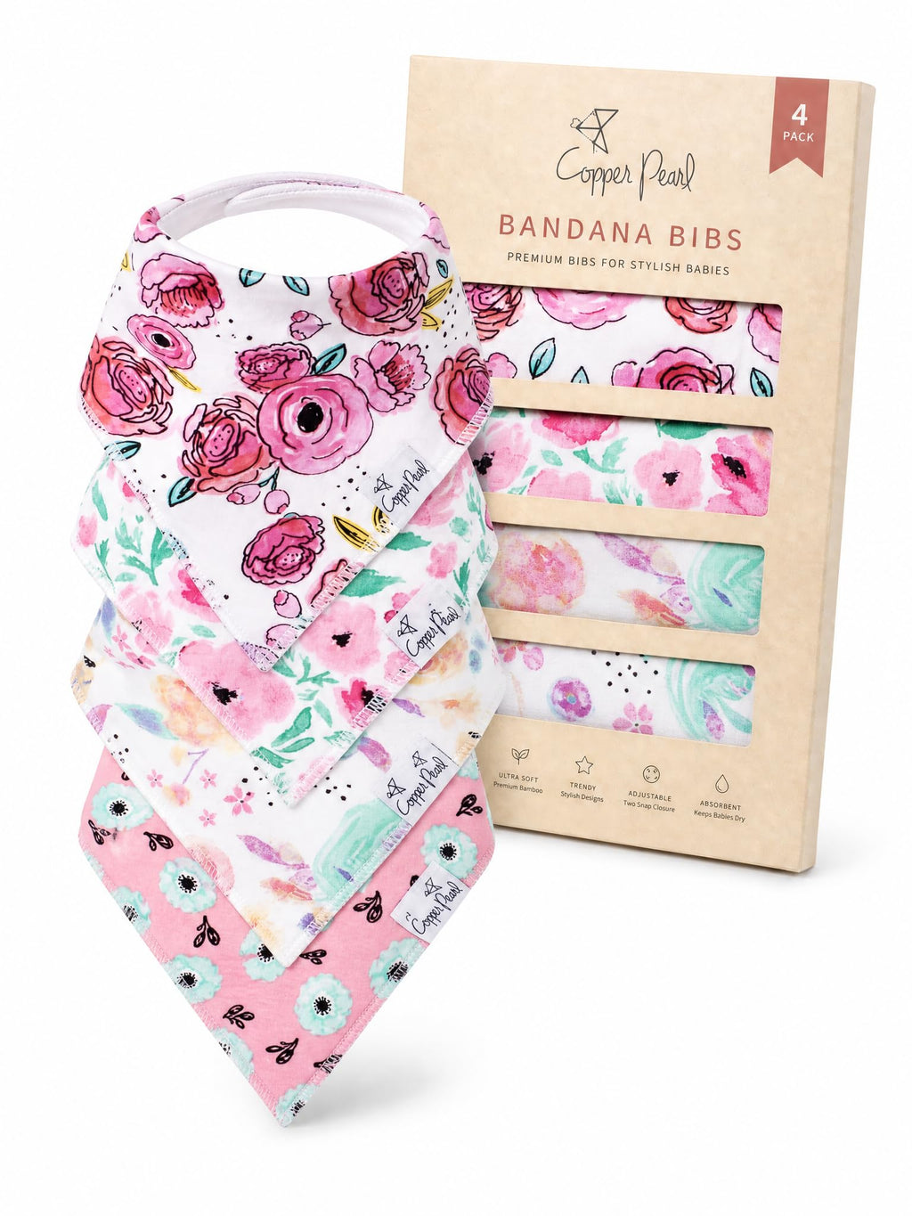 Copper Pearl Baby Bibs for Baby Boy or Girl – Bandana Drool Bibs for Teething, Absorbent Bibs for Eating, Newborn to Toddler, 4 Pack, Bloom