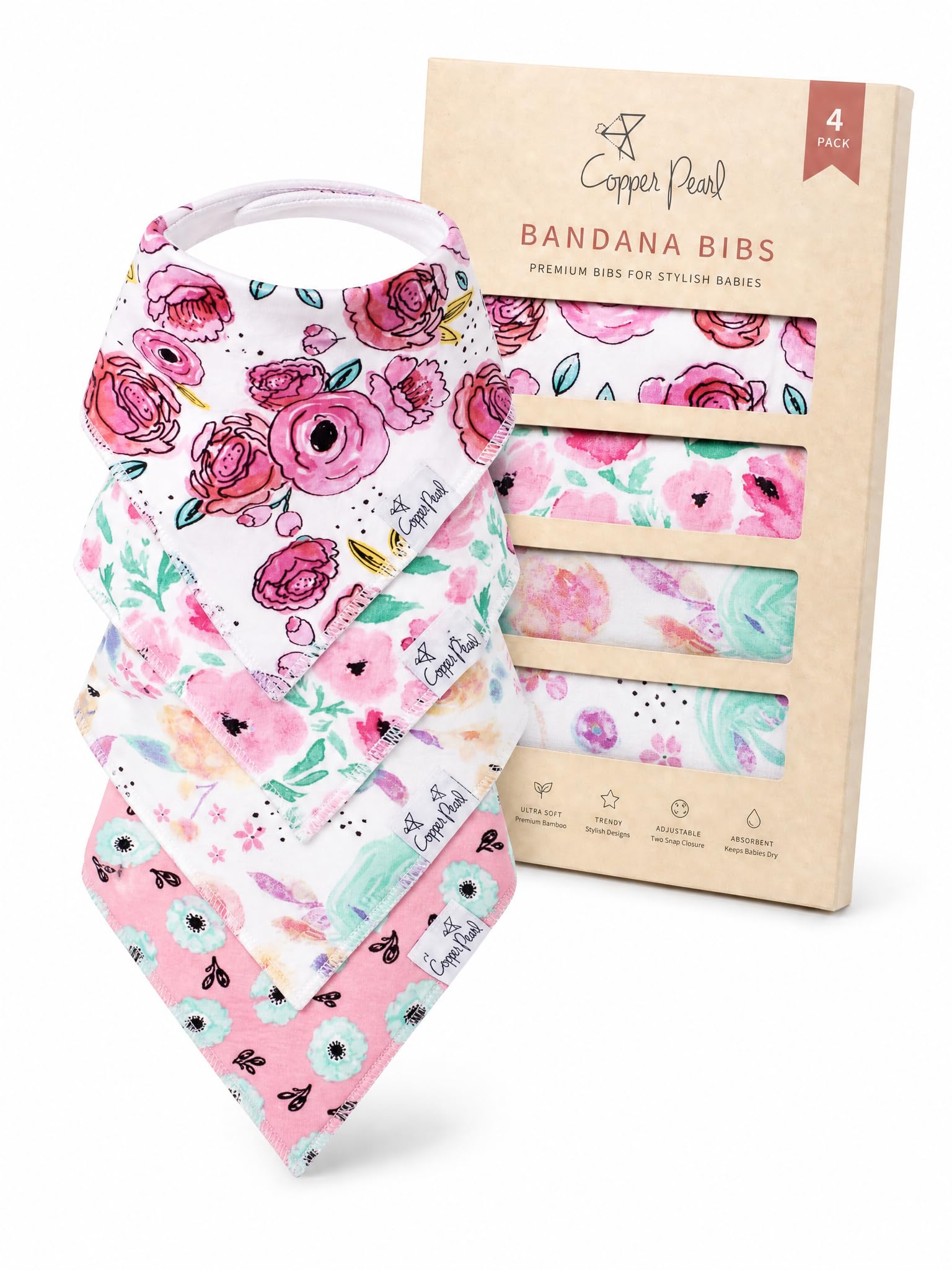 Copper Pearl Baby Bibs for Baby Boy or Girl – Bandana Drool Bibs for Teething, Absorbent Bibs for Eating, Newborn to Toddler, 4 Pack, Bloom