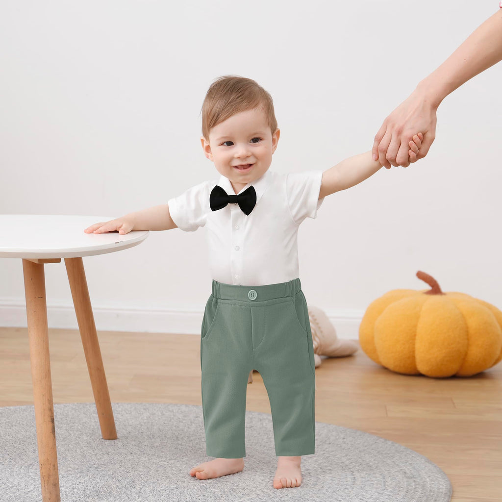 DISAUR Baby Boy Western Outfit First Birthday Outfit Baby Boy Short Sleeve Infant White Shirt Light Green Vest Pants Bow Tie 3 6 Months