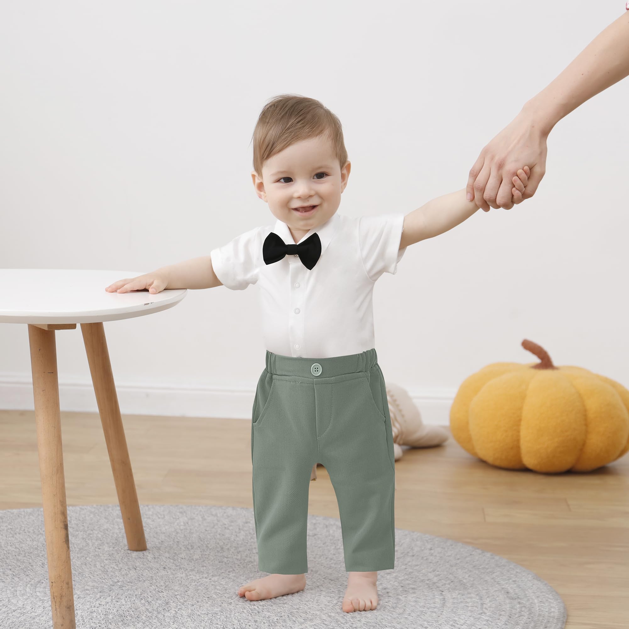 DISAUR Baby Boy Western Outfit First Birthday Outfit Baby Boy Short Sleeve Infant White Shirt Light Green Vest Pants Bow Tie 3 6 Months