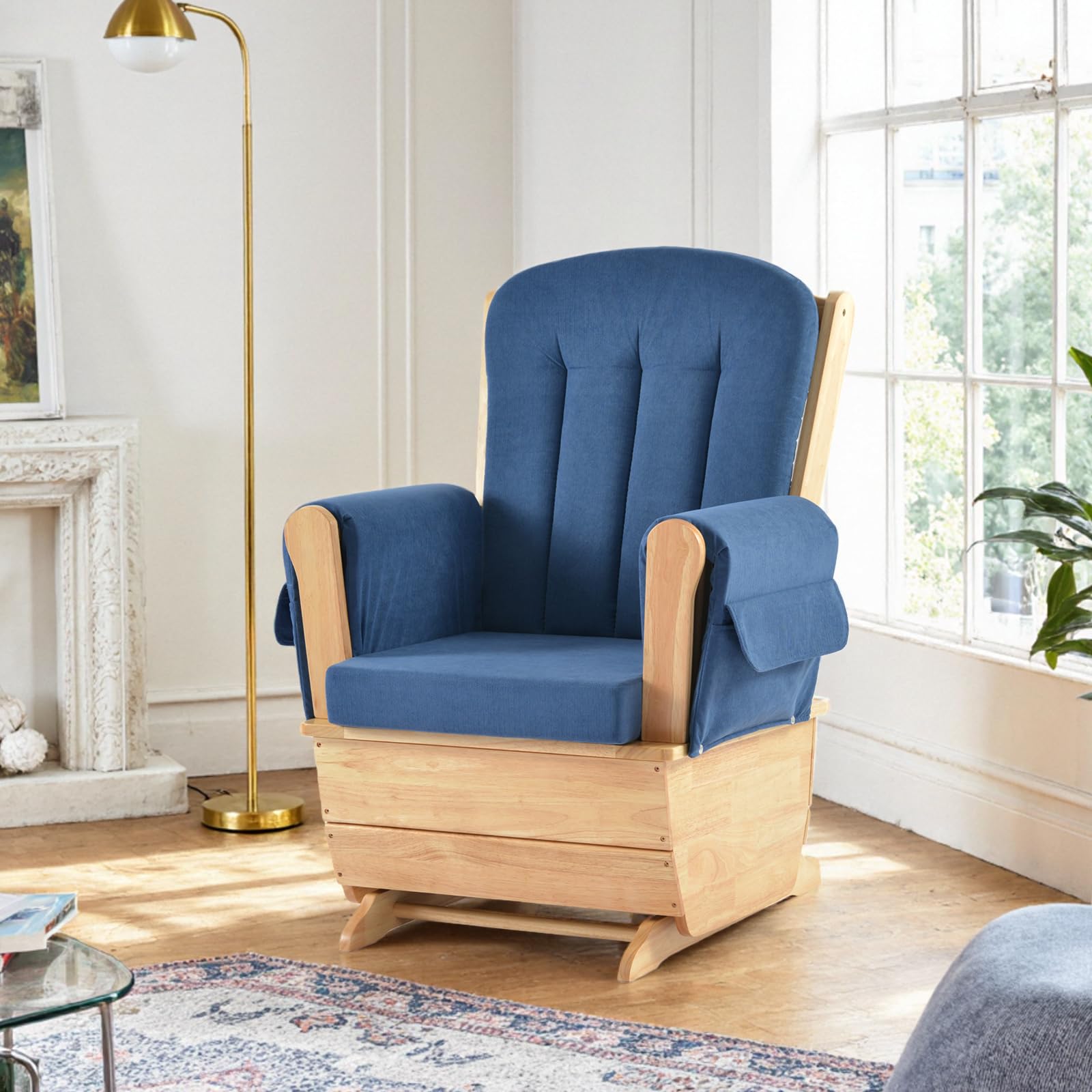 akucvor Glider Rocker Nursery Chair, Cut Pile Padded Seat, 280 lbs, Blue