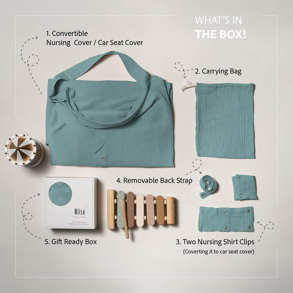 Nilsa 5-in-1 Muslin Nursing Cover up for Breastfeeding & Baby Car Seat Cover - Breathable Breastfeeding Cover With Rigid Hoop - 100% Cotton Privacy Apron Breast Feeding Covers For Women (Mint green)