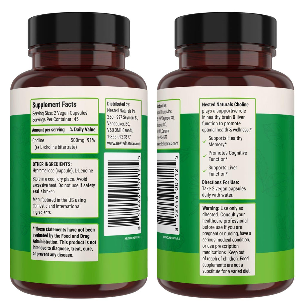 Nested Naturals Choline Bitartrate 500mg Per Serving - High Potency Choline Supplements - Supports Prenatal Maternal & Fetal Health During Pregnancy* - 100% Vegan & Non-GMO - 2-Pack (180 Capsules)
