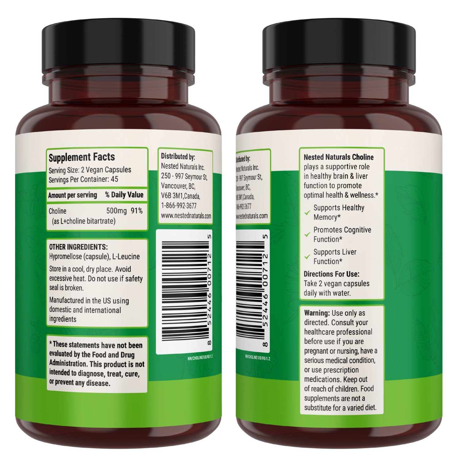 Nested Naturals Choline Bitartrate 500mg Per Serving - High Potency Choline Supplements - Supports Prenatal Maternal & Fetal Health During Pregnancy* - 100% Vegan & Non-GMO - 2-Pack (180 Capsules)