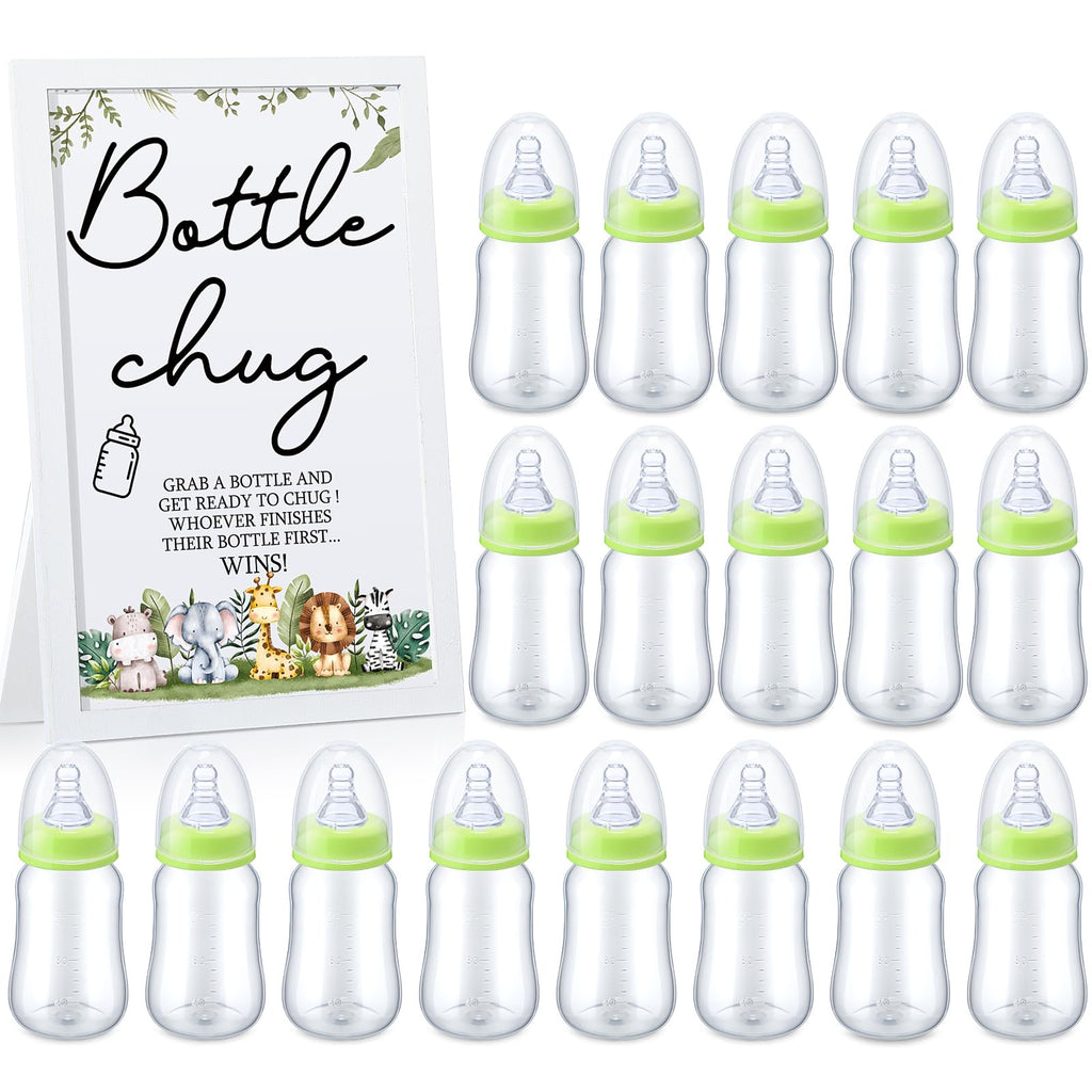 Roowest Bottle Chug Baby Shower Game Favors Including Safari Animals Theme Wooden Sign and 18 Pcs Baby Bottles for Gender Reveal Party Supplies