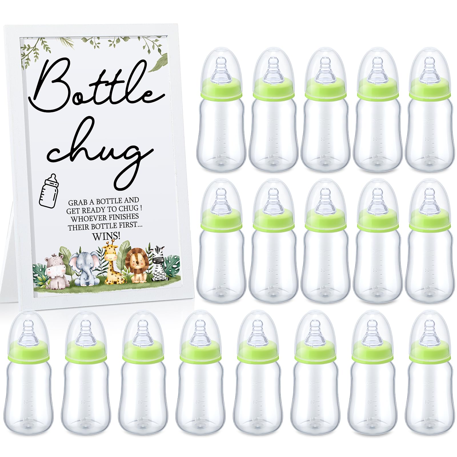 Roowest Bottle Chug Baby Shower Game Favors Including Safari Animals Theme Wooden Sign and 18 Pcs Baby Bottles for Gender Reveal Party Supplies
