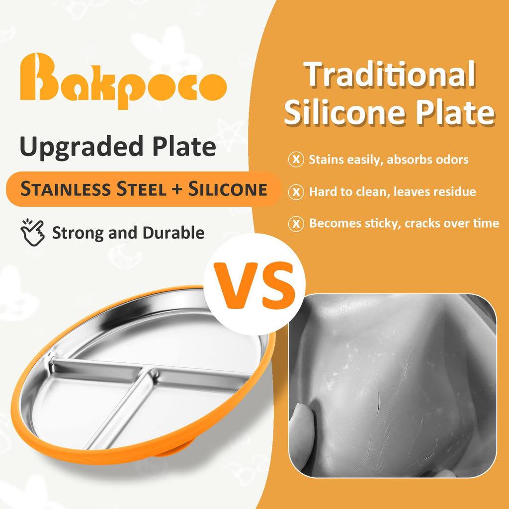 Bakpoco Stainless Steel Suction Plates for Toddlers, 9" Divided Kids Baby Plates with Removable Silicone Suction, Non Toxic Non Slip Portion Control Snack Dishes 3 Packs, Bright Orange/Blue/Green