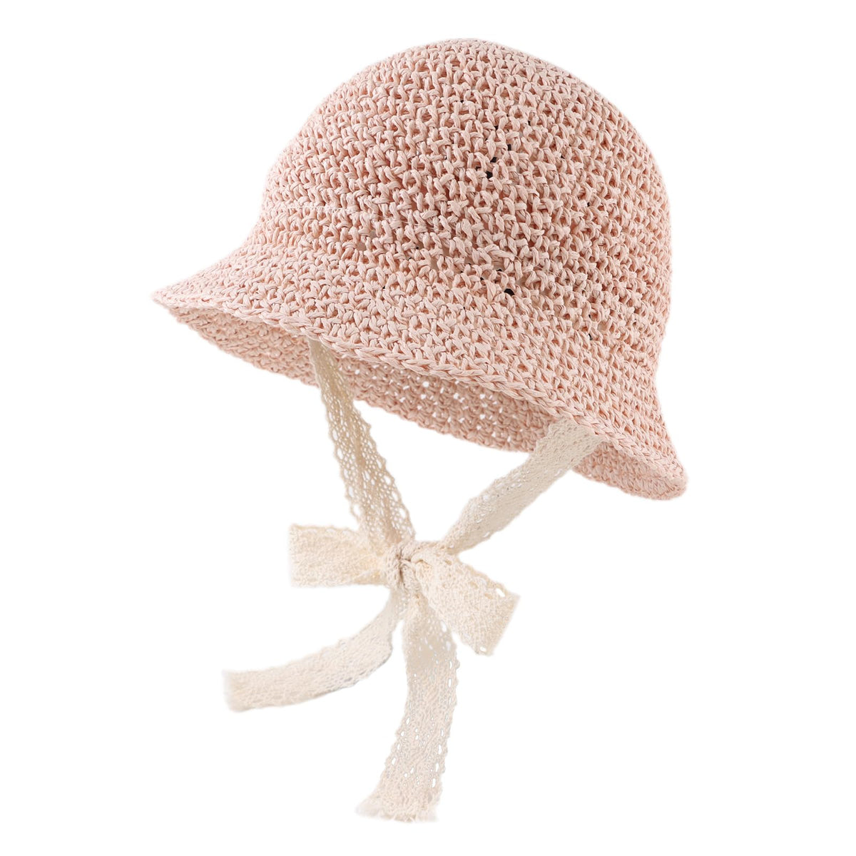 JANGANNSA Baby Girl Straw Hat Outdoor Baby Sun Protection Hats Summer Bowknot Beach Cap for Infant Toddler Girls(Lace Tie-Pink,2-5 Years)