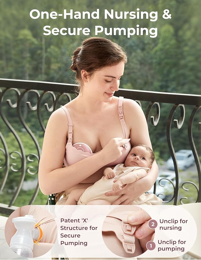 Momcozy 4-in-1 Pumping Bra Hands Free for All-Day Wear, Breast Pump Bra with Cooling Fabric Jelly Strip Support Nursing Bra