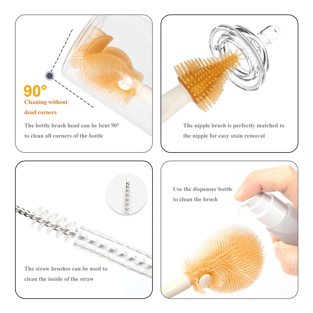 HOEREV Portable Baby Silicone Bottle Brush Set Include Pacifier Brush, Straw Brush, draining Rack, Portable Box