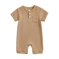 Kuriozud Newborn Baby Boy Girl Clothes Button Solid Short Sleeve Romper Jumpsuit Basic One Piece Outfits Baby Neutral Clothing Waffle Short Sleeve Khaki, 9-12 Months