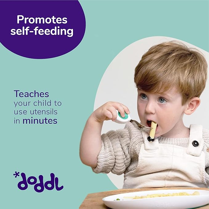doddl Toddler Utensils, Ergonomic Fork and Spoon Set for Self Feeding, Stainless Steel Silverware for 1-3 Year Olds, BPA Free, Dishwasher Safe (Aqua (Triple Pack))