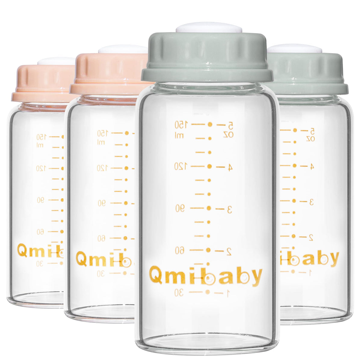 Qmibaby Baby Bottles, Wide Neck Bpa Free Breast Milk Container 6oz Screw Ring Sealing Disk Re-Markable Sealing Disc Fits Breast Pumps & Nipples Collection Bottles for Fridge (2 Gray Lids)
