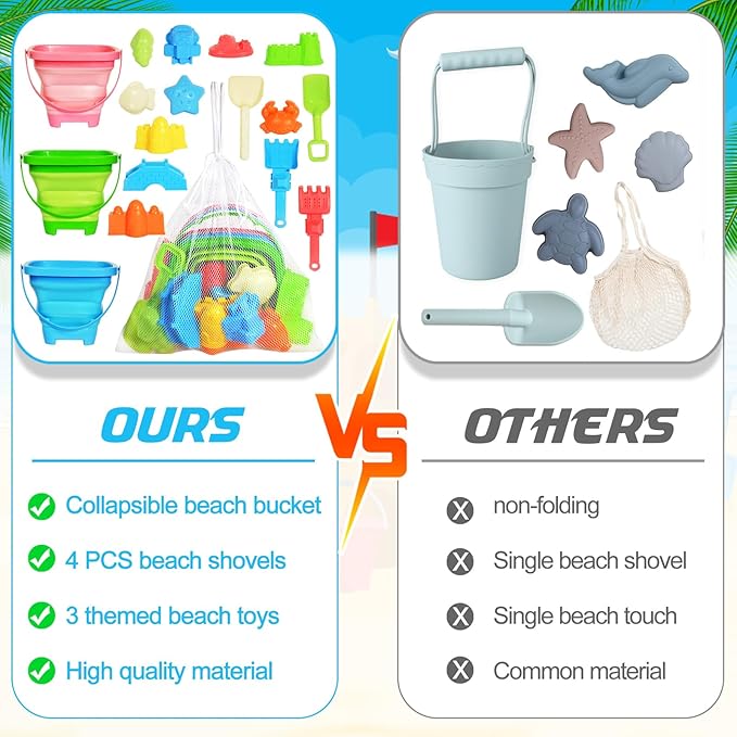 Collapsible Beach Sand Toys for Kids Toddlers,Travel Beach Toys with 3 Collapsible Sand Buckets,Shovels,Mesh Bags,Sand Molds,Castle Toys for Beach, Age 18+ Month