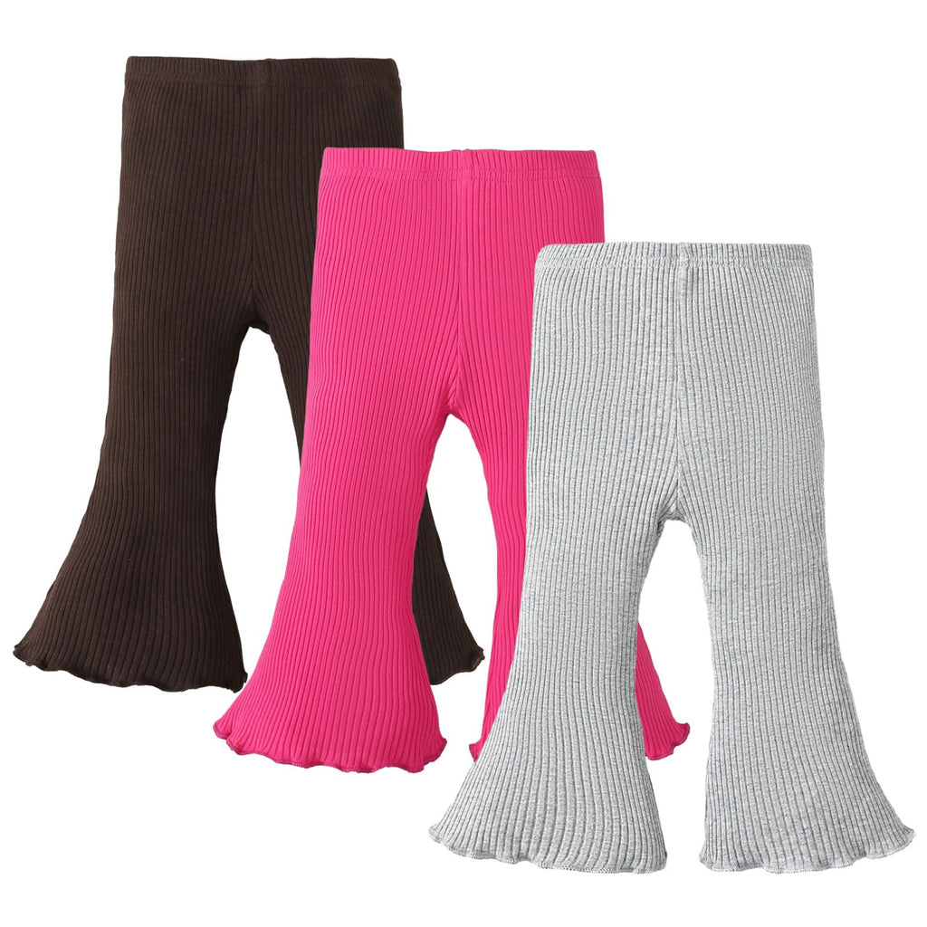 SOBOWO Toddler Girl Flare Pants 3 Pack Solid Ribbed Ruffle Bell Bottoms Pants Fall Outfits (Coffee/Rose/Gray, 18-24 Months)