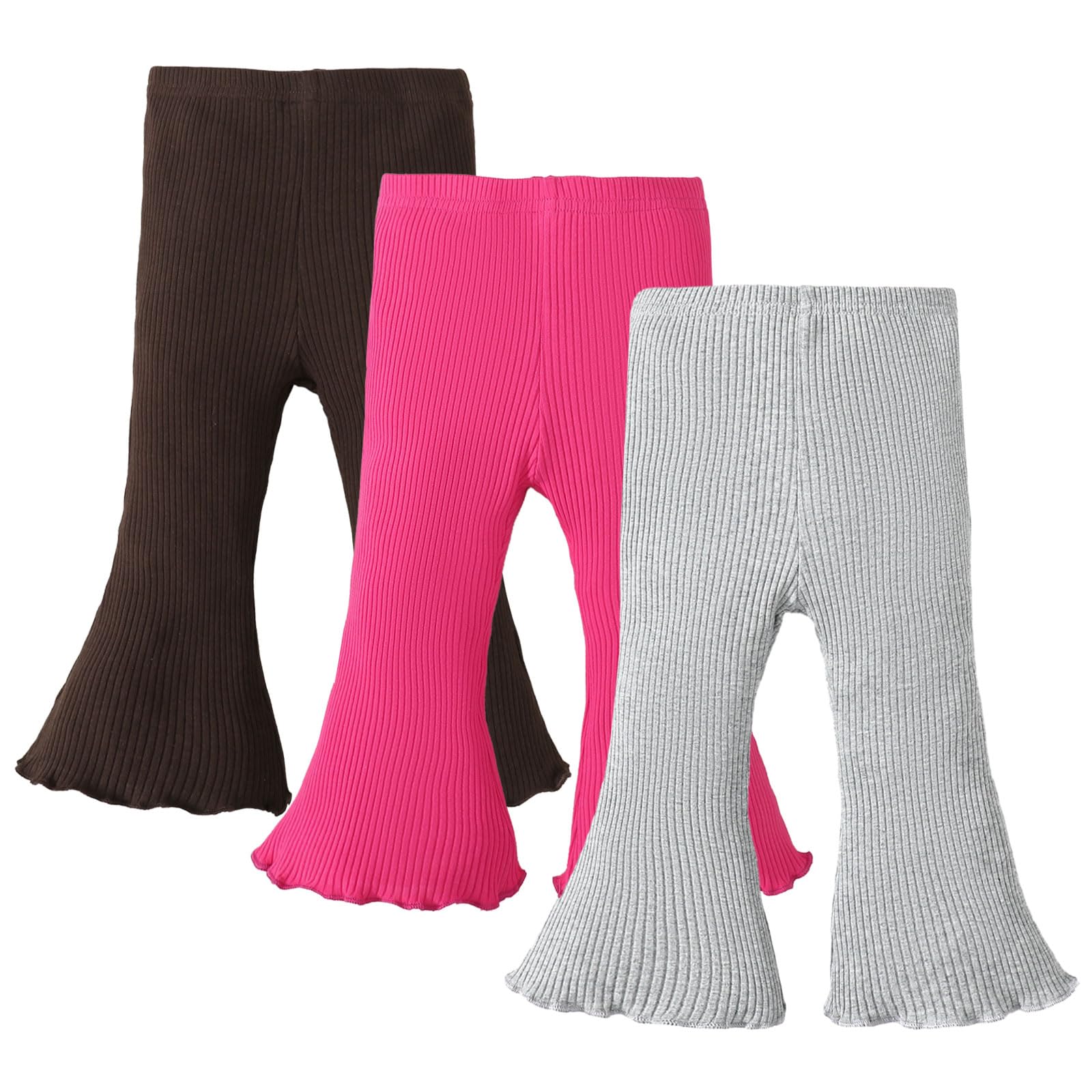 SOBOWO Toddler Girl Flare Pants 3 Pack Solid Ribbed Ruffle Bell Bottoms Pants Fall Outfits (Coffee/Rose/Gray, 18-24 Months)