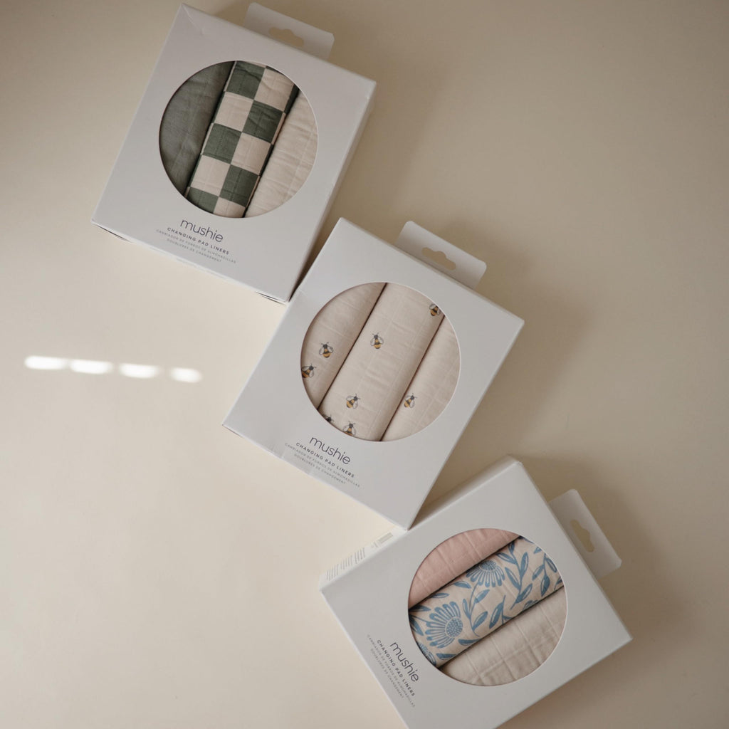 mushie Water Repellent Changing Pad Liners | Cotton (Olive Check Combo)