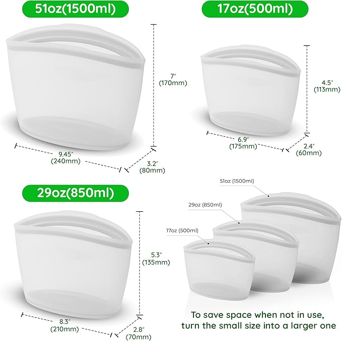Premium Platinum Silicone Reusable Food Storage Bags 3-Pack (17 fl oz + 29 fl oz + 51 fl oz), Airtight Zip Lock Bags for Food, BPA-Free Silicone Freezer Bags, Microwave Safe, White
