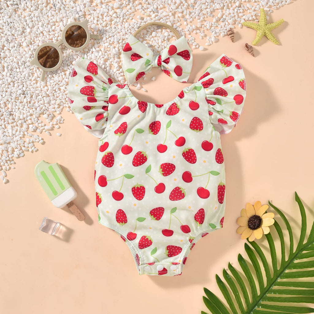 HIHA Baby Swimsuit Girl Infant Bathing Suit Ruffle Summer One Piece Strawberry Pattern Swimwear Sunsuit,0-6 Months