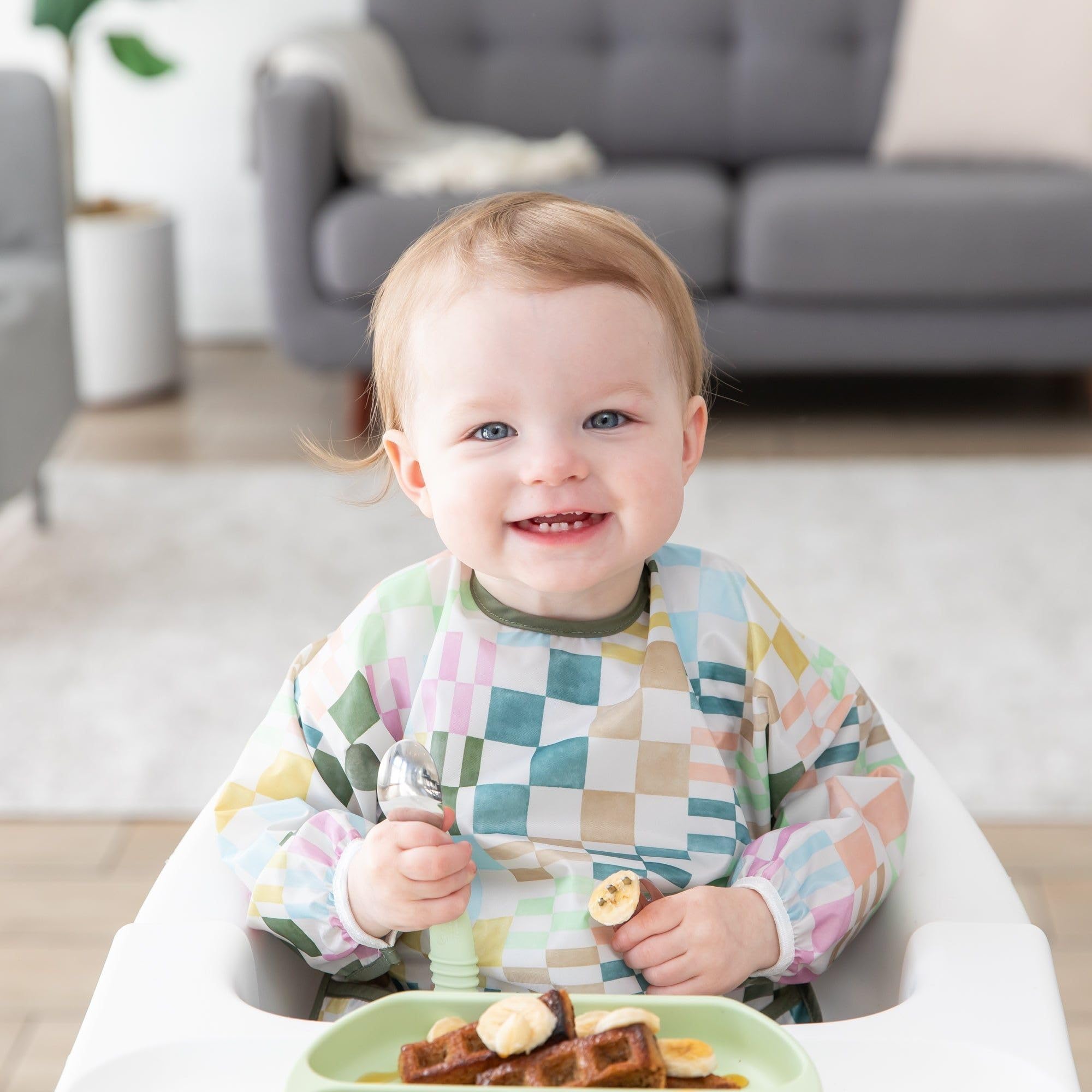 Bumkins Sleeved Bib for Girl or Boy, Baby and Toddler for 6-24 Mos, Essential Must Have for Eating, Feeding, Baby Led Weaning Supplies, Long Sleeve Mess Saving Food Catcher, Soft Fabric, Multi Check
